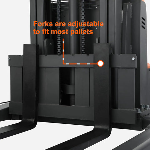 Adjustable forks of the Lightweight Full Electric Pallet Stacker demonstrating flexibility for various pallet sizes.