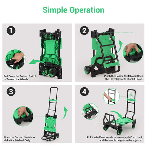 Green 2-in-1 folding hand truck with foldable basket and retractable handle; step-by-step setup visuals.