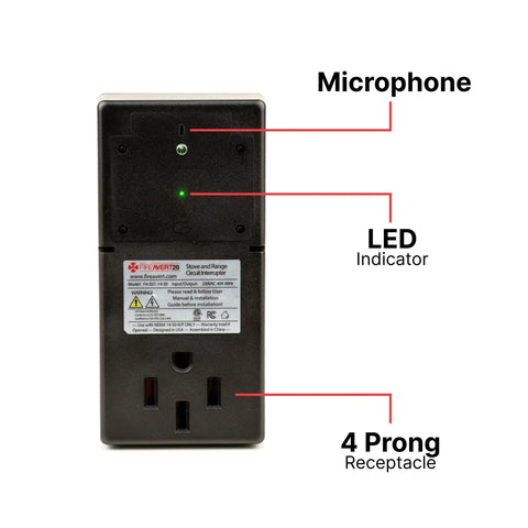 Back view of Smart Stove Shut Off Safety Device for electric ranges with microphone, LED indicator, and 4-prong receptacle visible.