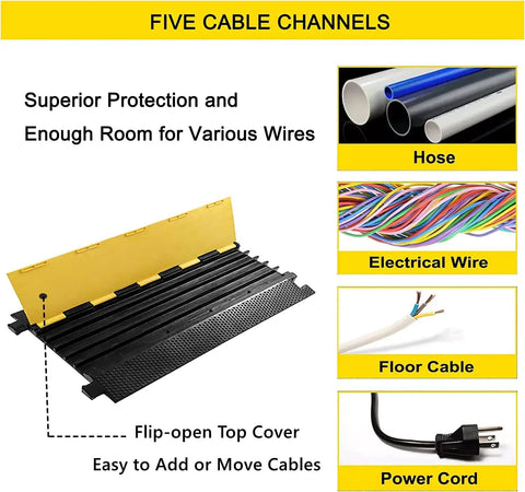 Tough As Nails Rubber Cable Protector Ramp Five Channel Wire Cover with yellow top cover for easy access to cables.