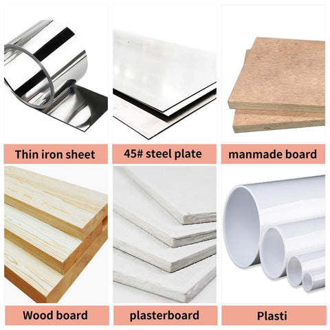 Hole saw materials collage: thin iron sheet, steel plate, wood board, plasterboard, manmade board, PVC pipe.