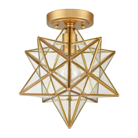 Brass Moravian Star Ceiling Light Flush Mount With Clear Glass Shade, Modern Transitional Design, front view