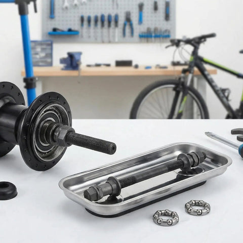 No Sweat Rear Axle Replacement For Mountain Bike 180mm Steel Shaft With 25mm Bearing And Washers Corrosion Resistant on workbench.