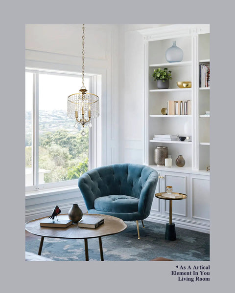 Gold Crystal Pendant Light Showstopper With 13 Inch Hanging String Modern Art Deco Chandelier in living room