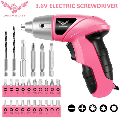 Straight Up Handy Compact Cordless Screwdriver With Forward Reverse Control For Quick Home Repairs And Furniture Setup Nifty Small Pink Power Tool With Ergo Grip Handle Storage Case, showing bits and accessories.