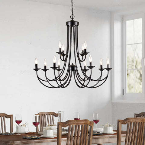 Farmhouse Twelve Light Candle Chandelier Black Wrought Iron Pendant Light 2 Tier Rustic Industrial Ceiling Fixture For Foyer Kitchen Island Living Room hanging over dining table.