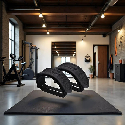 One Pair Black Bike Pedal Straps With Adhesive For Fixed Gear And Regular Bicycles placed on a mat in a gym setting.