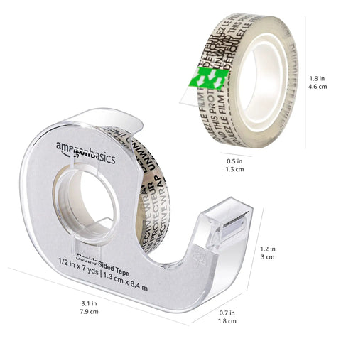 Double Sided Tape With Dispenser, 1/2 Inch Wide, Permanent Adhesive, 252 Inches Long, Translucent Roll, 3 Pack in clear handheld dispenser