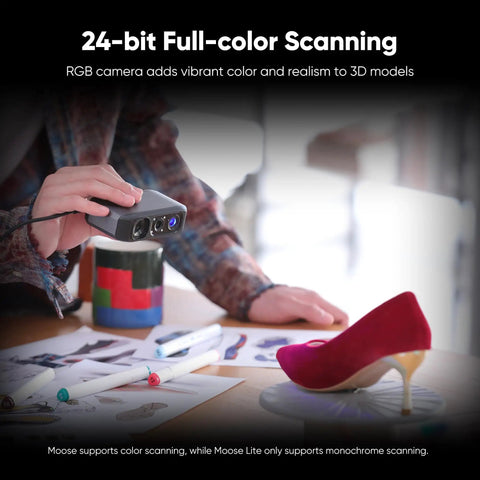 Badass Handheld 3D Scanner Delivers Tight Accuracy With Sharp Blue Light Tech For Quick Medium Scans And Dead Simple 3D Printing Workflow For Creative Pros, showcasing 24-bit scanning with RGB camera.