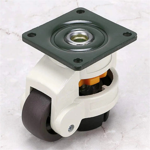 Heavy Duty Retractable Leveling Casters For Workbench Table And Commercial Vending Machine with black wheel and green plate.
