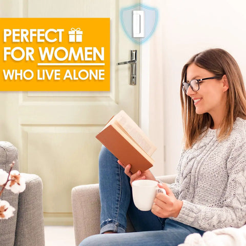 Woman reading next to a door featuring Heavy Duty Home Security Door Reinforcement Lock With 800 Pound Strength, Child Proof Front Door Lock For Kids Safety And Peace Of Mind, Top Latch Design For Inward Swinging Doors, Easy Install Guardian For Inside Doors.
