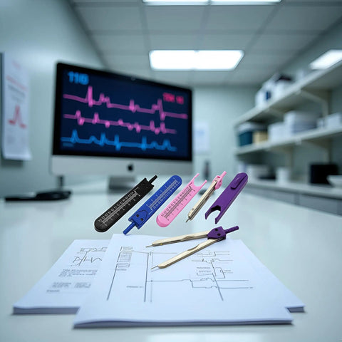Purple EKG Calipers With Built In Ruler, Dead On Accuracy For Electrocardiogram Measurements, total tools on a clinical desk.