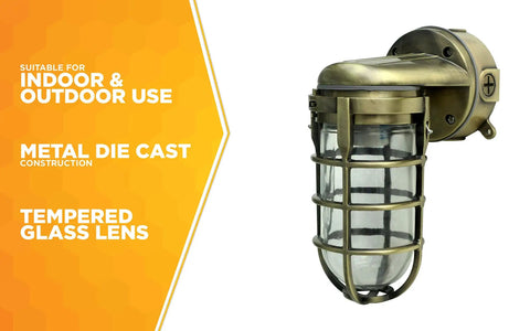Industrial 100W Incandescent Wall Mount Light in Antique Brass, featuring metal die cast construction and tempered glass lens