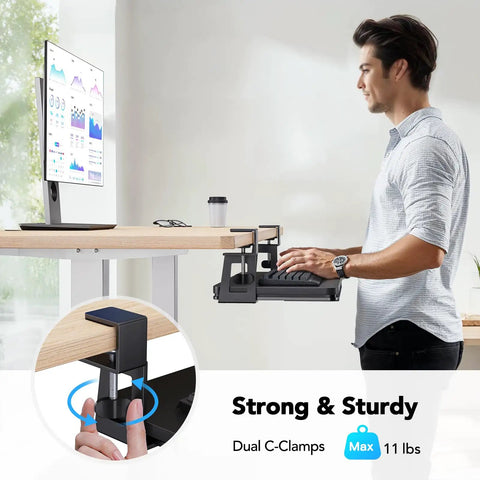 Person using Space-Saving Large Under Desk Keyboard Tray With Sturdy C Clamp Mount, 30.16 Inch Reach Including Clamps, Black