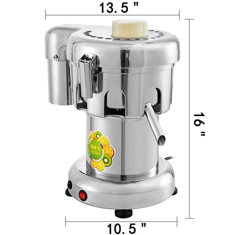 Heavy Duty 370W Electric Juice Extractor With Stainless Steel Body showing dimensions 13.5"x10.5"x16" for commercial use.