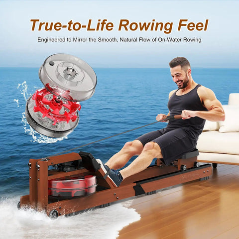 Man using Water Rowing Machine For Home Gym With Wooden Frame And 400 Lbs Capacity, Bluetooth App Connectivity, Comfortable Seat