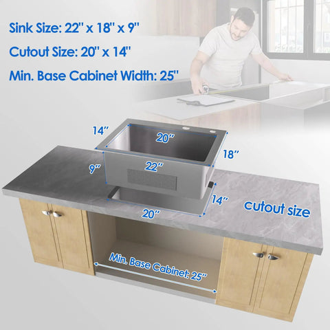 Installation diagram showing cutout for Drop In Kitchen Sink With Single Bowl 22 Inch By 18 Inch 9 Inch Deep Pro Grade 304 Stainless Steel.