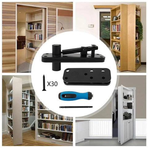 Built Tough Heavy Duty Black Invisible Door Hinges Featuring A Game Changing Rock Solid 360 Degree Swivel For Big Time Renovations and Top Shelf Hidden Pivot Hardware with hardware and installation tools.