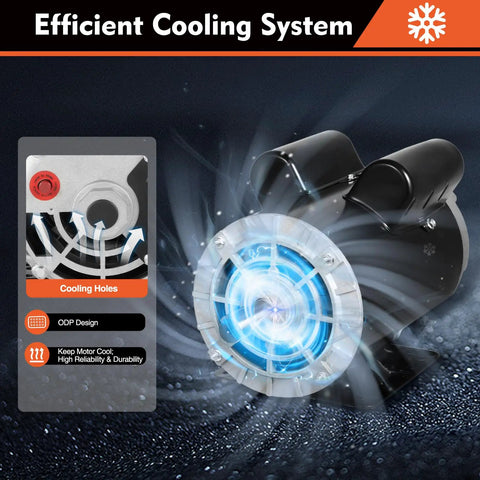 Efficient cooling system with ODP design featuring cooling holes and blue rotating fan for enhanced motor reliability.