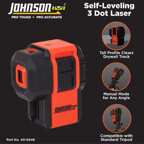 Self Leveling 3 Dot Laser Level With Plumb Up Down Dots And Level Dot, rugged housing, shown with tripod compatibility.