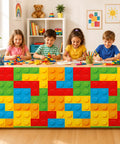 9 Foot Building Block Table Skirt Bringing Sweet Brick Vibes To Teachers Desks And Classroom Workstations For Back To School Setup And Quick Office Or Cabinet Decor Accents, featuring colorful Lego design.
