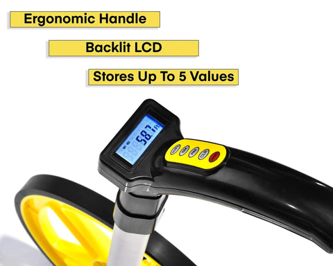 Digital Distance Measuring Wheel With Crisp Lcd Readouts And Rigged Right Commercial Specs, showing ergonomic handle and backlit LCD.
