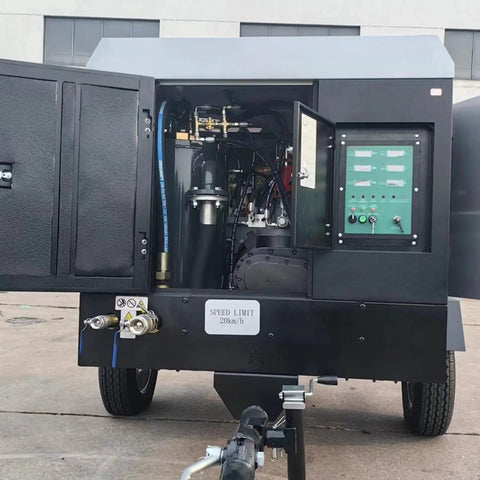 Heavy Duty High Output Electric Mobile Screw Air Compressor Delivering 10 To 24 Cfm For Tough Construction Mining And Quarry Drilling Jobs custom design showing internal components.