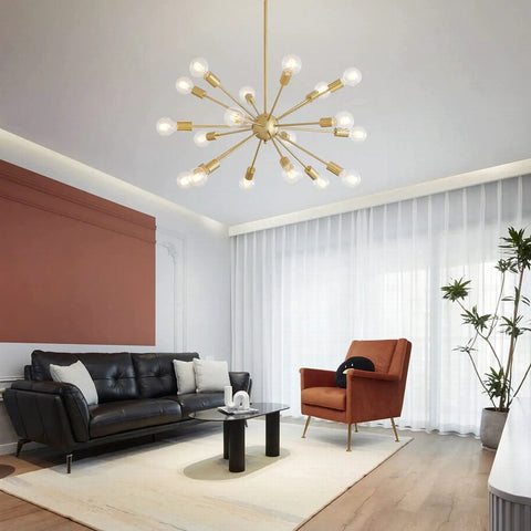 Sputnik Style Dope 15 Light Modern Ceiling Fixture Gleaming Gold Finish Semi Flush Mount Chandelier in living room setting