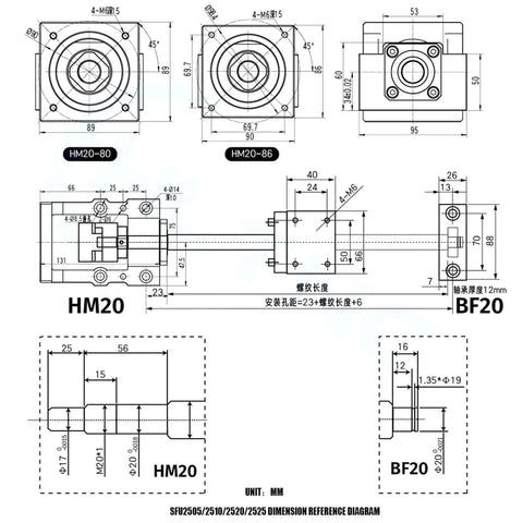 Heavy Duty 25mm Ballscrew Kit SFU2510 C7 Grade With Single Nut And BF20 Coupler DSG25H End Supports Fits Nema32 For Smooth CNC Machine Parts, dimension drawing
