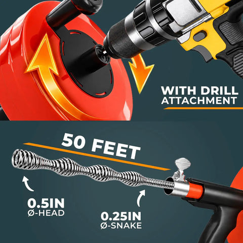 Self Feeding Drill Ready Drain Snake For Kitchen And Bath Clogs Five Zero Foot Heavy Duty Plumbing Auger With No Hand Cranking. Drill attachment and 50ft cable.