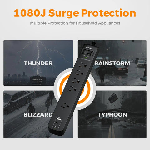 8 In 1 Power Strip Surge Protector With 5 Widely Spaced Outlets, 3 USB Ports, weather protection illustration with storm images.