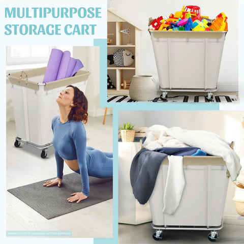 Super Heavy Duty Rolling Laundry Cart With All Terrain Wheels 320L wheeled hamper basket in a home setting with yoga mat.