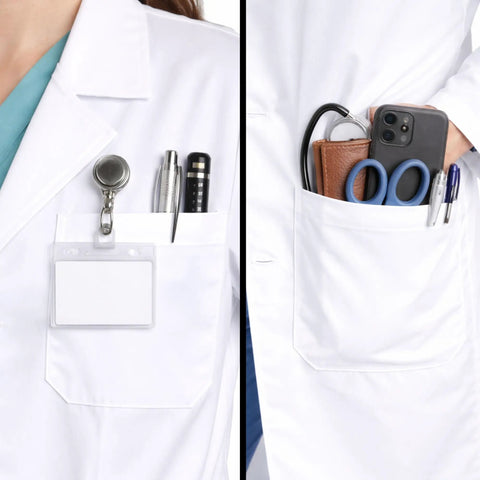 Med Pros Unisex Lab Coat With Belted Back 40 Inch White XL Lapel Collar Front Button Closure 1 Chest Pocket 2 Lower Pockets
