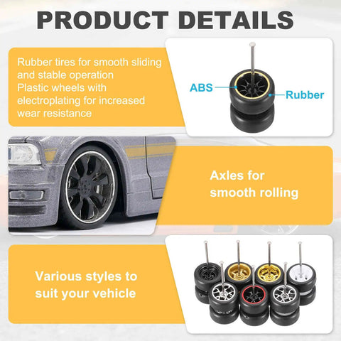 Four Pack 1/64 Scale Wheels And Tires Set With Real Riders Rims Axles Included For RC Diecast Cars And DIY Models, various styles shown