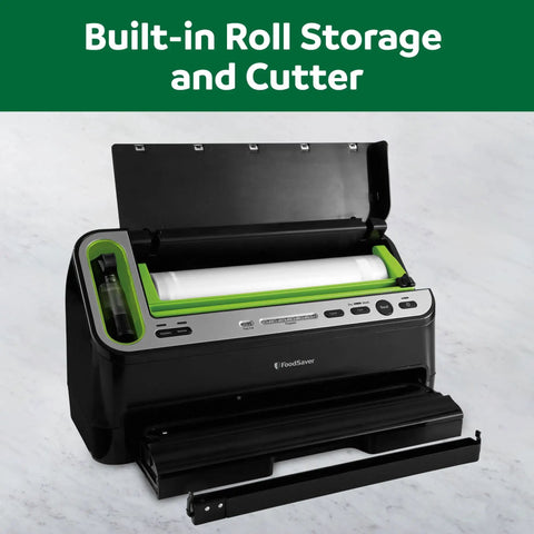 Heavy Duty 2 In 1 Vacuum Sealer Machine With Automatic Bag Detection And Starter Kit showing built-in roll storage and cutter.