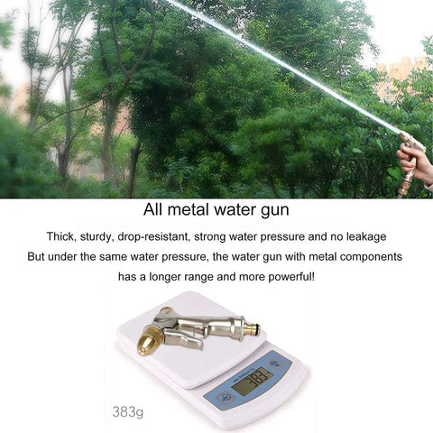 No Fuss Stainless Steel Garden Hose Reel Slick Wall Mounted Retracting Cart With 30 Foot Hose And Heavy Duty Trigger Sprayer, all metal water gun in use outdoors.