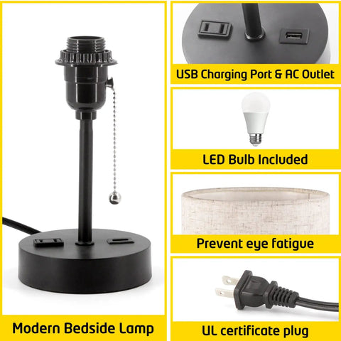 Two Pack Bedside Table Lamps With USB Charging Port And AC Outlet For Bedroom Or Living Room, lamp base close-up with pull chain.