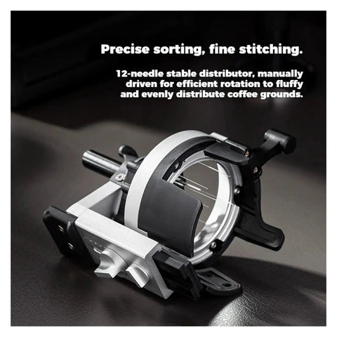 58mm Espresso WDT Distribution Tool With Twelve Sleek Needles And Fully Adjustable Depth, showing 12-needle stable distributor design.