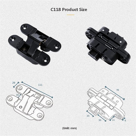 Two Pack Three Dimensional Hidden Door Hinges For Wooden Doors Heavy Duty 180 Degree Inside And Outside Opening Smooth Quiet Operation Rust And Corrosion Resistant Durable Build, showing front and side views with measurements.