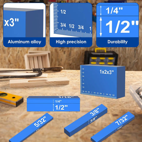 Heavy Duty 15 Piece Aluminum Setup Blocks And Height Gauge Set Featuring Precision Router Table Bars With Dead On Size Markings, showing gauge sizes and precision details.
