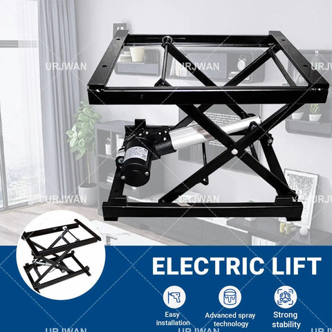 Smooth And Smart Electric Scissor Lift Table Motor Kit For Your DIY Home Furniture Elevator Project Adds Major Stability Plus Super Easy Convenience To Your Work Space Or Workshop Setup Right Now showing black metal scissor lift with motor.