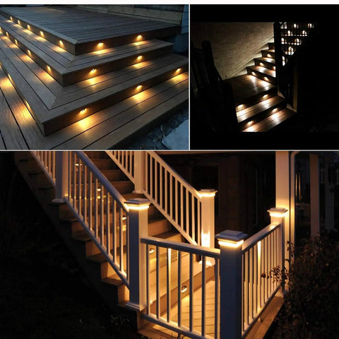 Low Voltage IP65 Waterproof Half Moon LED Step Lights illuminating decks and pathways, creating warm white glow on stairs at night.