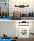 4 Light Farmhouse Vanity Light Fixture With Antique Wood Style Pole And Clear Glass Shades for walls, upward and downward mount