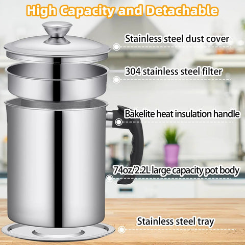 A Total Game Changer, This Heavy Duty Bacon Grease Keeper Boasts A Fine Mesh Strainer, 74 Oz Stainless Oil Jug For Kitchen Frying And Roasting, No Fuss Spill Proof Lid, Solid Grip Handle Included, 74oz stainless steel pot with filter and Bakelite handle.
