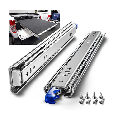 Built Tough Heavy Duty Three Fold Drawer Slides Full Extension Industrial Roller Tracks Smooth Quiet Operation Rust Proof Blue Steel Storage Track with screws.