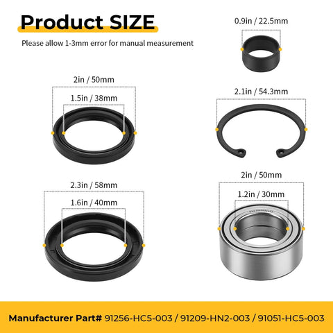 Product size measurements for Front Wheel Bearings And Seals Kit For Honda Fourtrax Rancher 350 400 420 4x4 Edition.