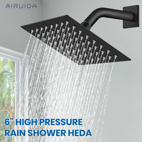 Hassle Free Matte Black Shower Faucet Set With Six Inch Rainhead And Tub Spout Solid Brass Rough In Valve All In One Bath Kit showing 6-inch rain shower head