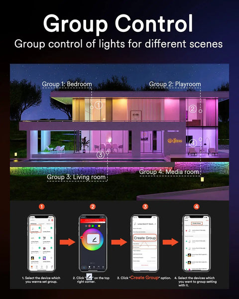 Four Pack 4 Inch LED Can Lights With WiFi, 9W 780 Lumen Color Changing Recessed Lighting, app group control display