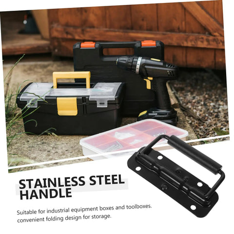 Heavy Duty Stainless Steel Spring Folding Chest Handle For Toolbox Replacement Featuring A Heck Of A Grip And Awesome Quick Setup In Premium Classic Matte Black, shown with toolboxes and drill.