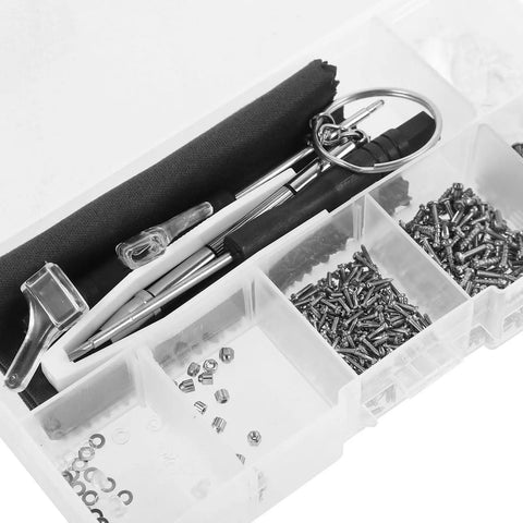 Ultimate Eyeglass Repair Kit Featuring Replaceable Nose Pads And Micro Screwdriver With Assorted Glasses Screws in a clear organizer.